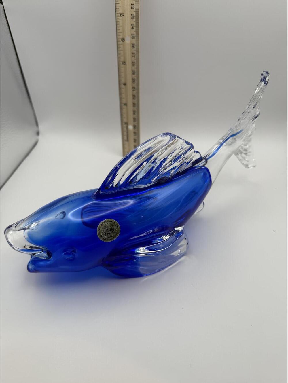 Cristal d'Arques France Blue Lead Crystal Art Glass Fish Figurine 10" Decor